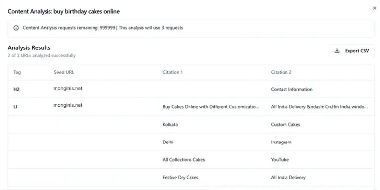Content Comparison dashboard analyzing a webpage against top AI-cited competitors. The interface highlights missing semantic content like pricing comparisons and step-by-step guides needed to secure visibility in ChatGPT and Perplexity.
