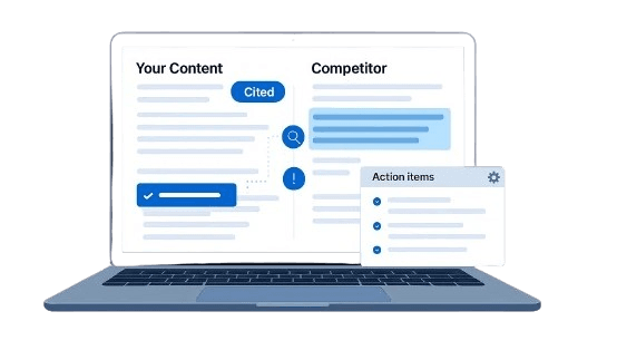 LLMClicks Content Comparison dashboard. The interface analyzes a target webpage against competitor URLs cited by ChatGPT and Perplexity to expose semantic gaps, missing heading structures, and entity deficiencies blocking AI visibility.