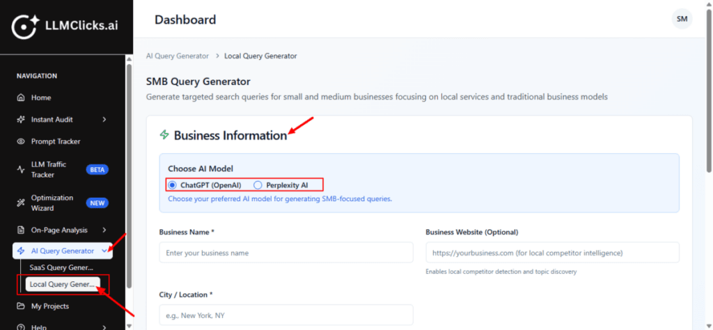 Local Query Generator settings dashboard