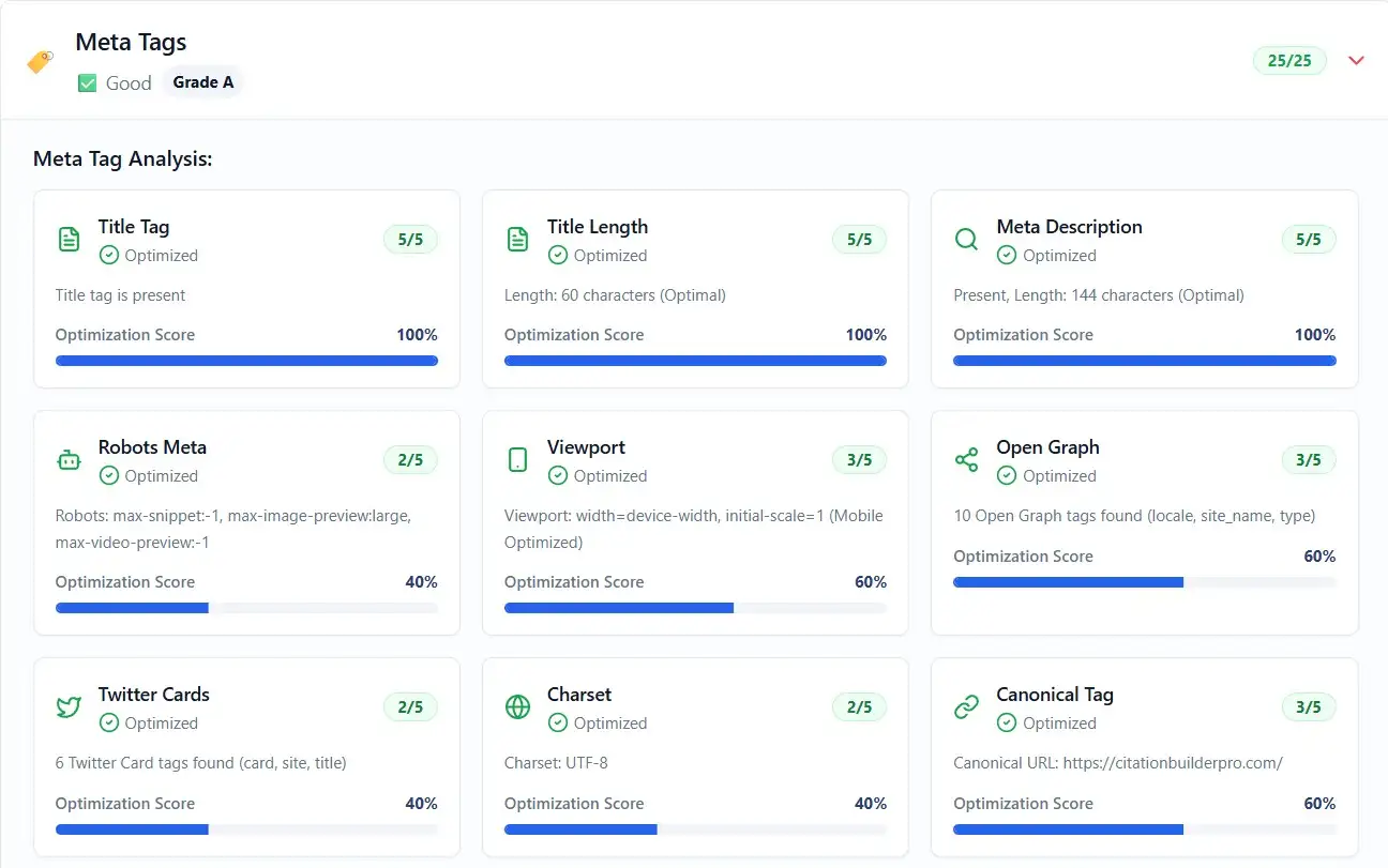 Meta tag analysis dashboard displaying optimization scores for title tag, meta description, Open Graph, robots meta, and canonical tag