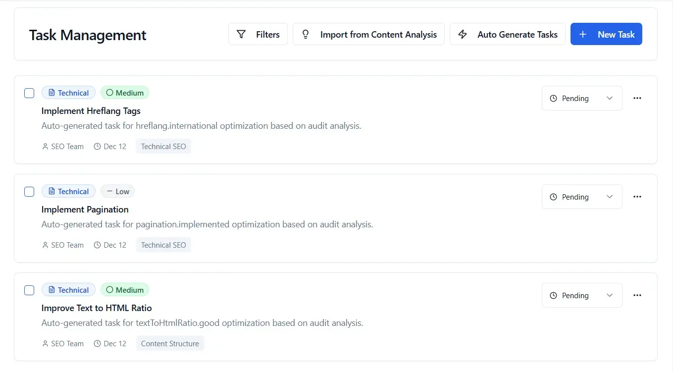 Task automation panel converting audit issues into prioritized action items with assigned teams and timelines