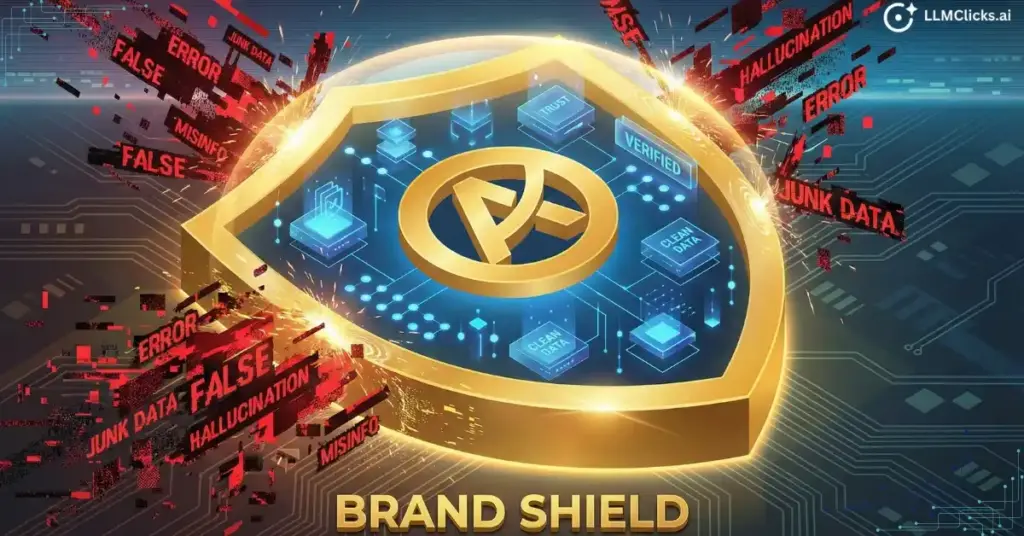 A digital shield protecting a brand's reputation from AI hallucinations and misinformation.