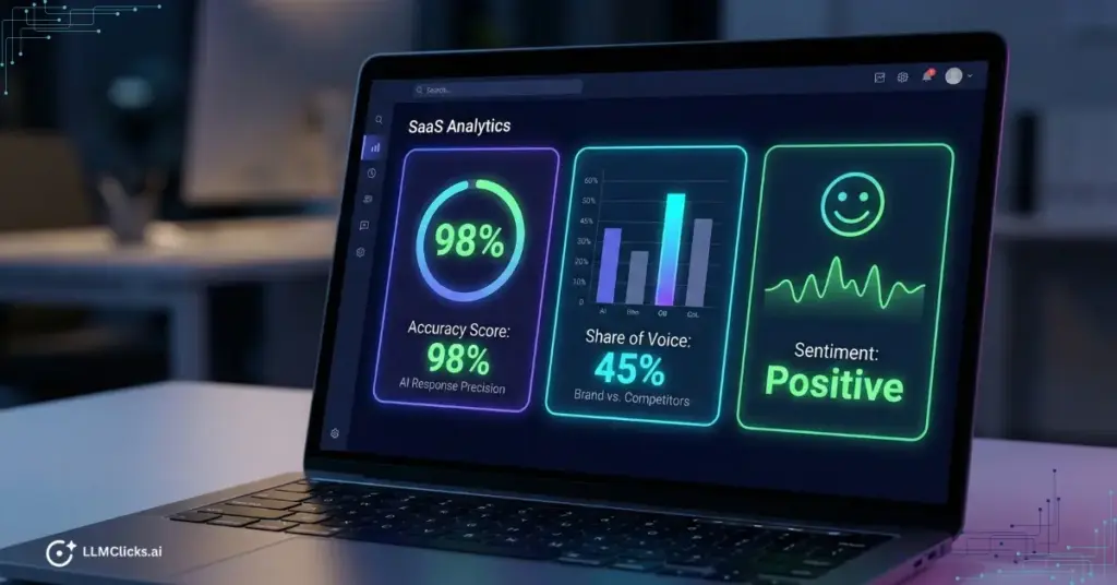 A modern agency reporting dashboard showing AI visibility metrics like Accuracy Score and Share of Voice.