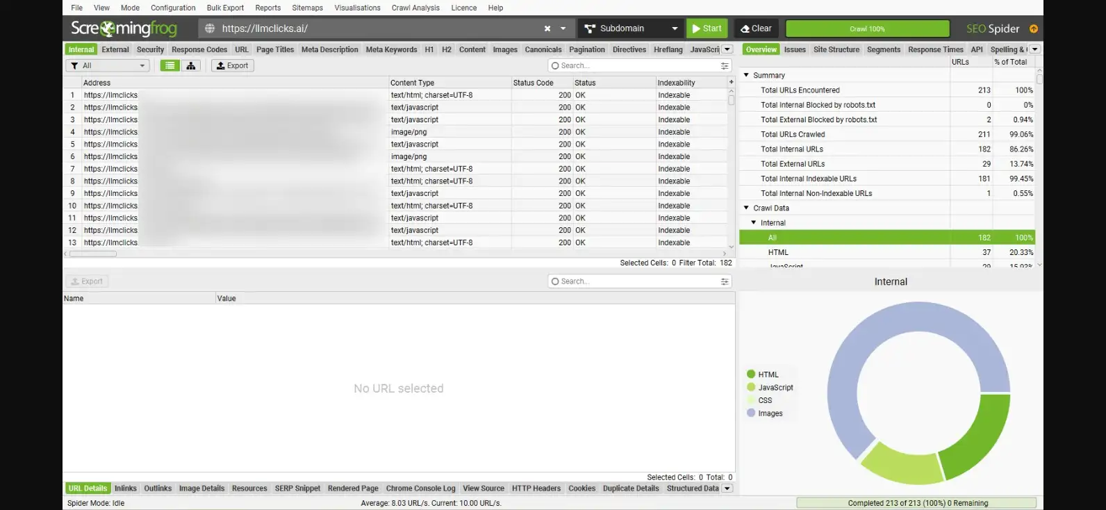 Screaming Frog SEO Spider interface listing internal URLs, status codes, and crawl depth for technical website auditing.