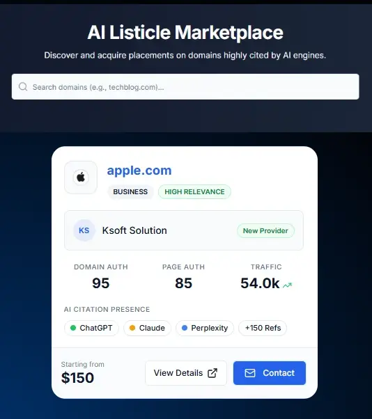 AI Listicle Marketplace dashboard
