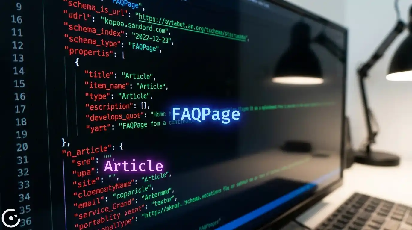 Macro view of a code editor displaying JSON-LD schema markup for Generative Engine Optimization.
